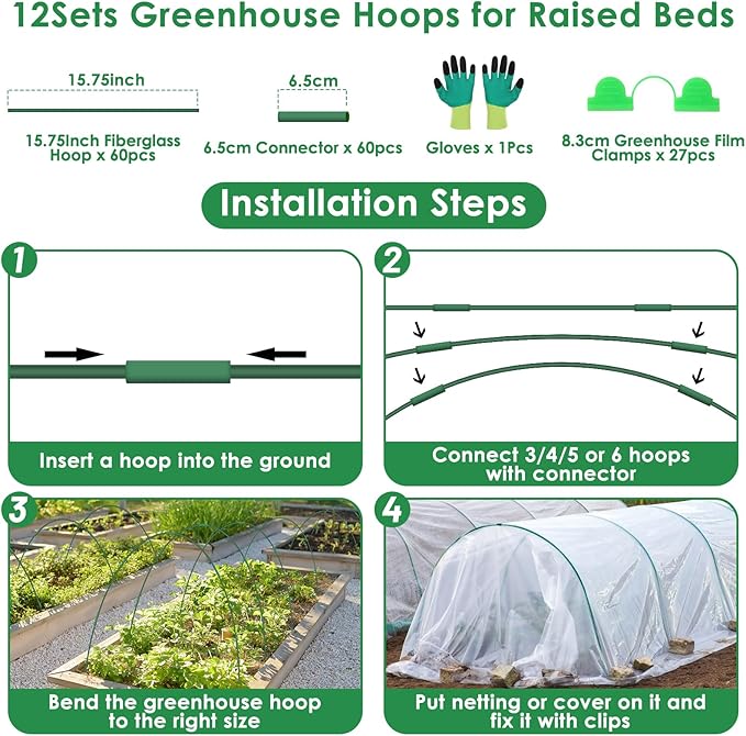60 Pcs Garden Hoops for Raised Beds, 12 Sets Greenhouse Hoops Grow Tunnel - Image 2