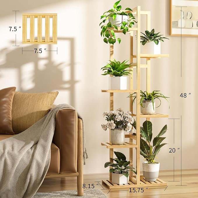 6 Tier Bamboo Plant Stand Indoor, Wood Tall Flower Holder Corner Tiered Plant - Image 3