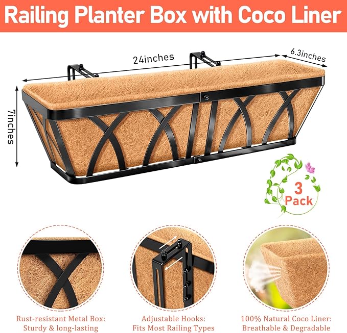 Riare 3 Pack 24 Inch Metal Railing Planter Window Box - Image 2