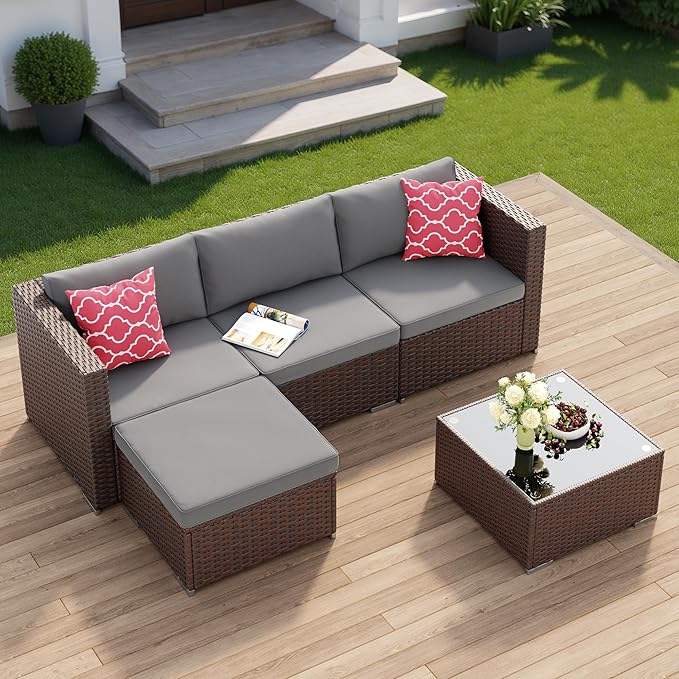 Aiho 5 Pieces Patio Furniture Set All-Weather Outdoor Wicker Sectional Patio by AIHO