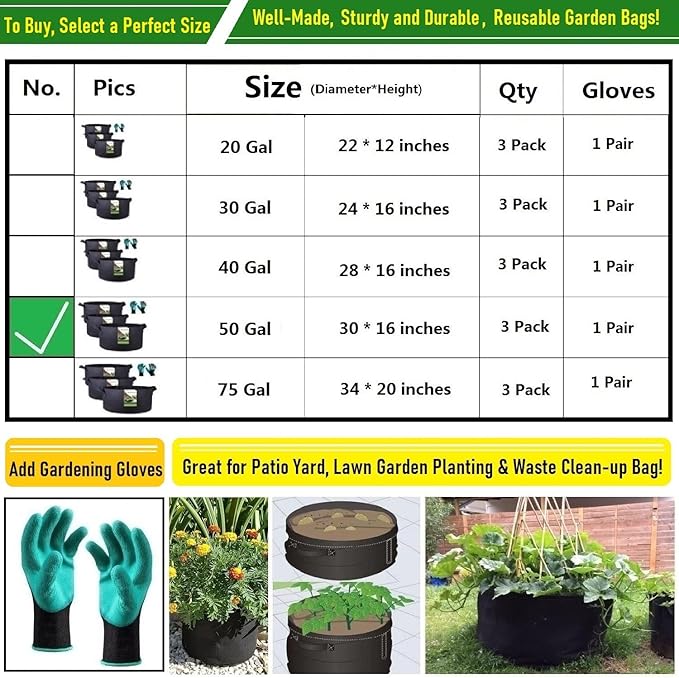 3-Pack 50 Gallon Thickened Plant Grow Bags Large Heavy Duty Fabric Plant Pots - Image 8