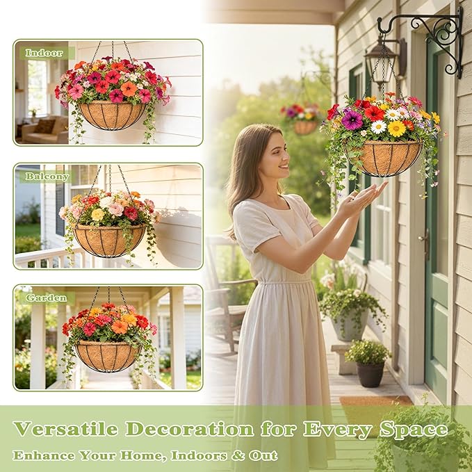 4 Pack 12 Inch Hanging Baskets for Plants Outdoor Metal Hanging Planter Hanging - Image 2