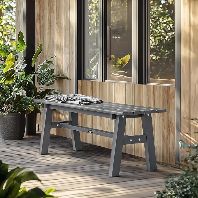 VINGLI 47” Outdoor Bench Garden Bench HDPE Porch Bench w/Metal Legs, Poly - Image 2