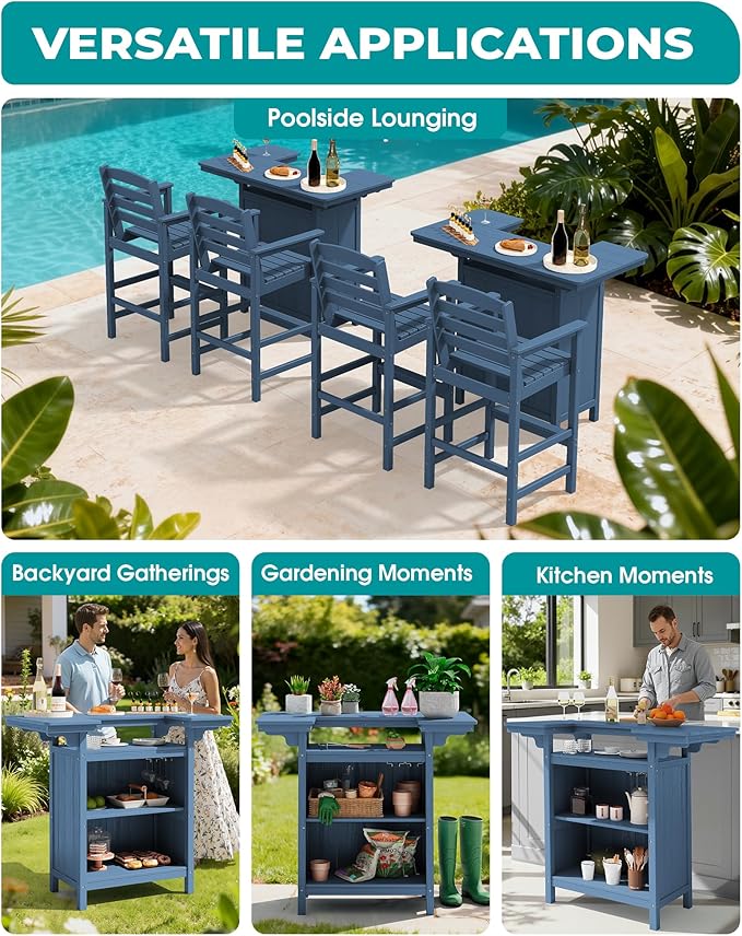 SERWALL Outdoor Bar Table Set – HDPE Blue Patio Bar Cabinet - Image 8