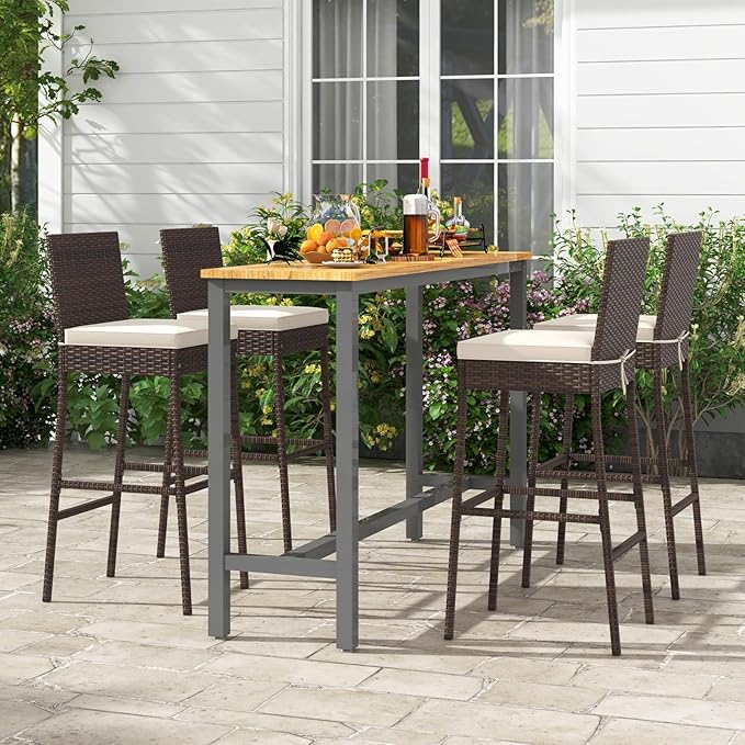 HAPPYGRILL Wicker Patio Barstools Set of 2, Outdoor Rattan Bar Chairs - Image 4