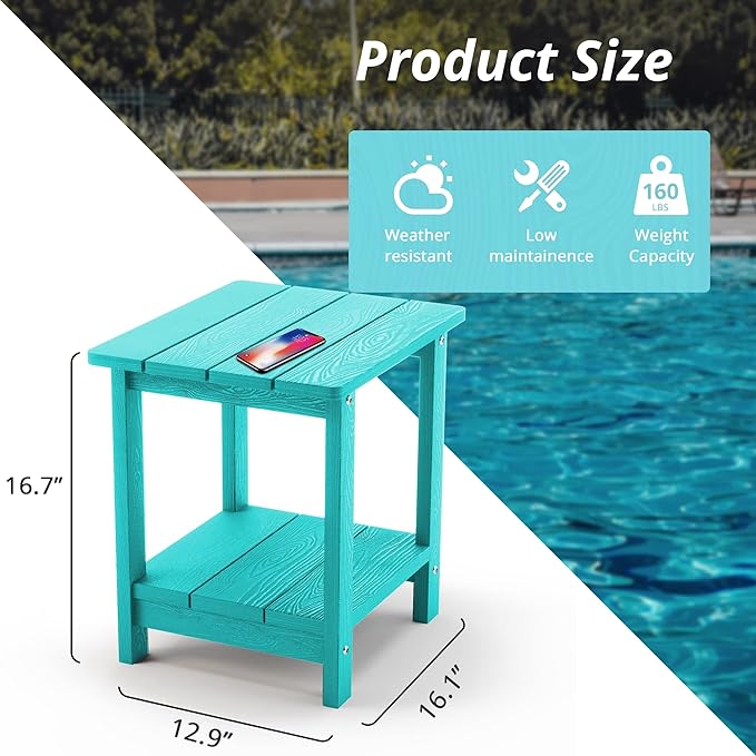 LUE BONA Adirondack Outdoor Side Table, 2-Tier Aruba Blue HDPS Patio End Table - Image 3