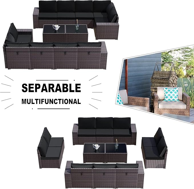 Kullavik 12 Pieces Outdoor Patio Furniture Set PE Wicker Rattan Sectional Sofa - Image 4