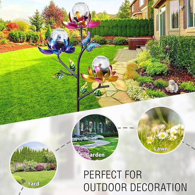 Solar Lights Outdoor Decorative Lotus Flowers Wind Spinner Garden Stake - Image 6