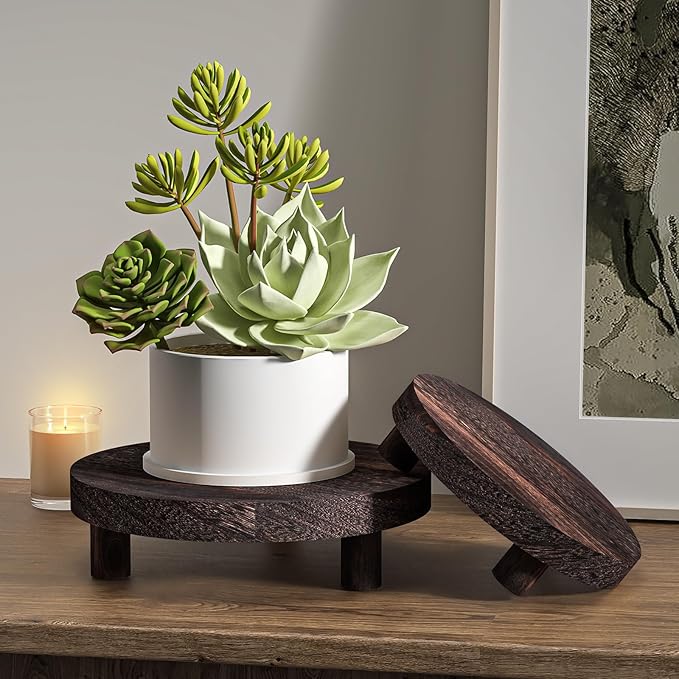 3 Pcs Wood Plant Stand Indoor Outdoor, Round Wood Riser - Image 2