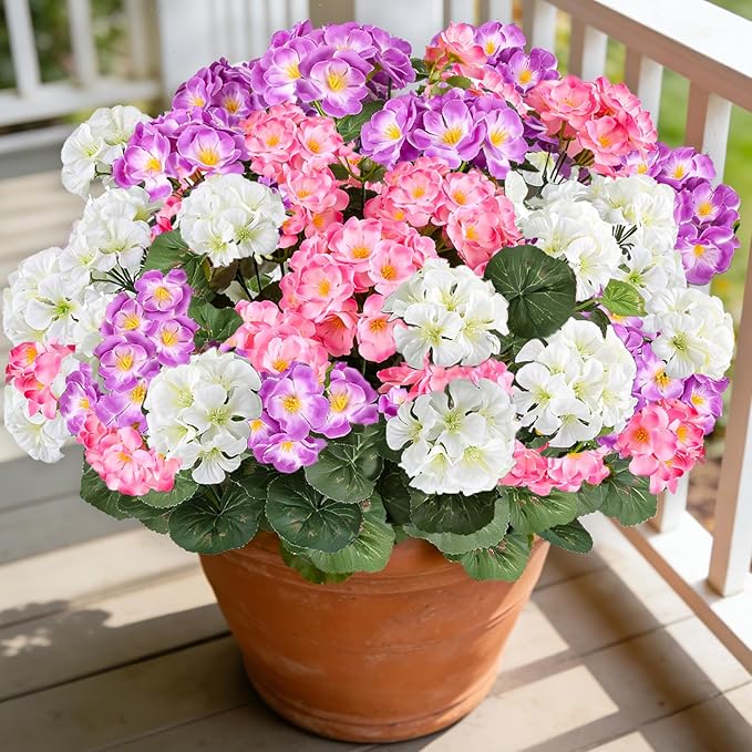 Artificial Geraniums Flowers for Outdoors, 6 Bundles Realistic Silk Fake by AmberFun