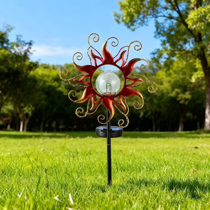 Solar Lights Outdoor Waterproof Red Sun Metal Crackle Glass Stake Decorative - Image 8