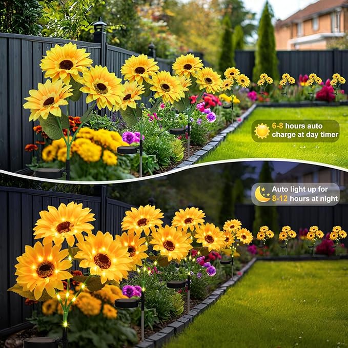 echosari 4 Pack Solar Lights Outdoor Waterproof, Sunflower Solar Stake Lights - Image 6