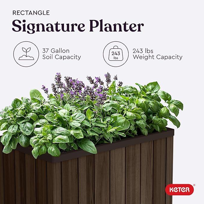 Keter Signature 21.7 Inch Tall Rectangular Large Wood Look Planter - Image 10