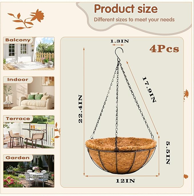 12 inch Metal Hanging Baskets For Plants Outdoor 4 Pack Round Metal Wire - Image 4