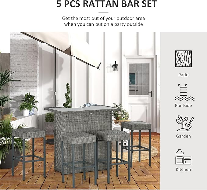Outsunny 5 Piece Wicker Outdoor Bar Set, High Top Outdoor Table and Chairs - Image 5