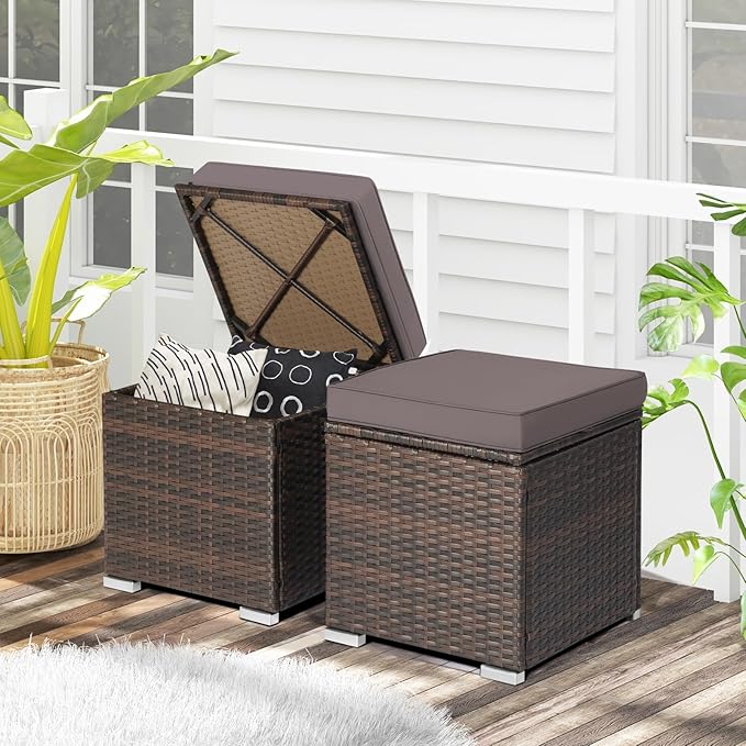 RELAX4LIFE Wicker Outdoor Storage Ottoman, 2-Piece Rattan Footstool w/Removable - Image 10