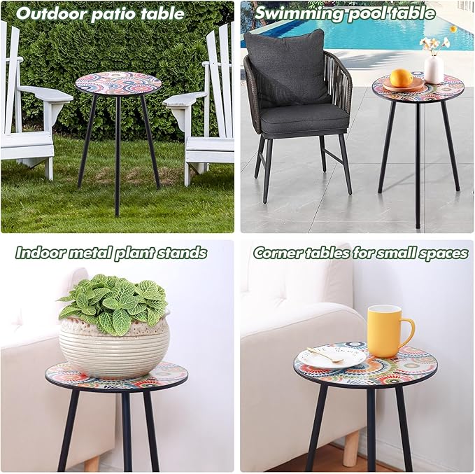 Party Zealot Metal Mosaic Round Side Table Set of Two 13.4" Small Outdoor Patio - Image 6