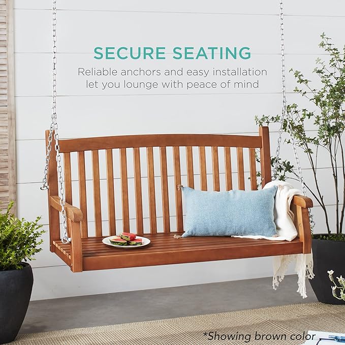 Best Choice Products 48in Wood Porch Swing Outdoor Patio Hanging Bench Chair - Image 3