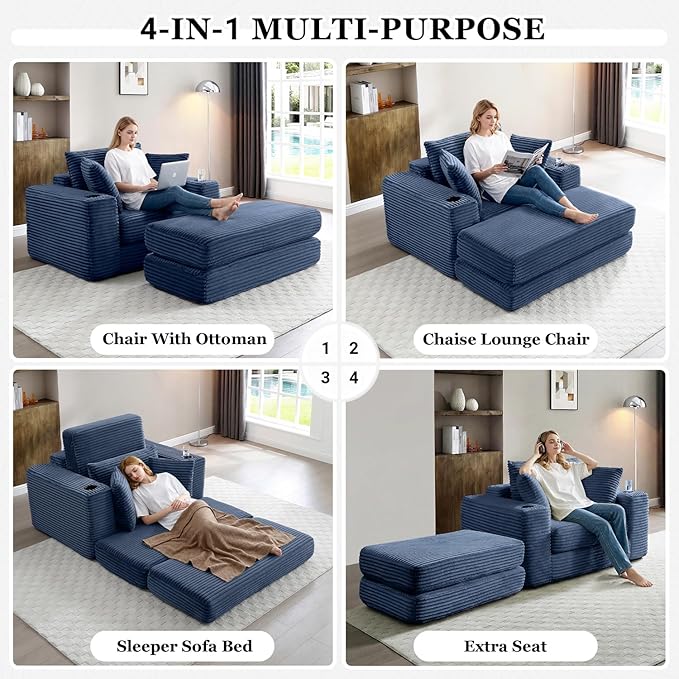 HANXIN 62" Chaise Lounge Chair Indoor, Oversized Corduroy Boneless Convertible - Image 4