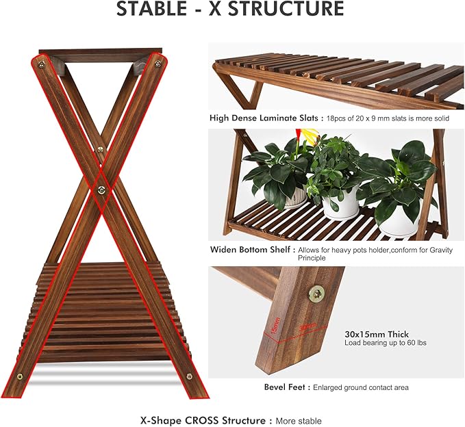 Wood Plant Stand Indoor Outdoor 2 Tiers Flower Stand Corner Stepped Planter - Image 4