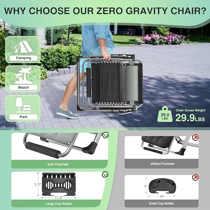 Suteck Oversized Zero Gravity Chair, 29In XL Outdoor Recliner Chair w/Removable - Image 5