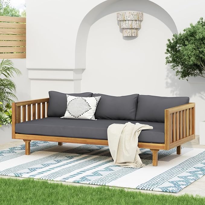 Merax Solid Acacia Wood Couch Chaise Lounge Chair Indoor, 3 Seater Daybed Sofa - Image 9