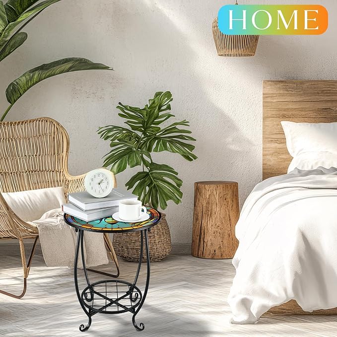 Outdoor Side Table Round Small Mosaic Patio Accent Indoor End Plant Coffee Tea - Image 5