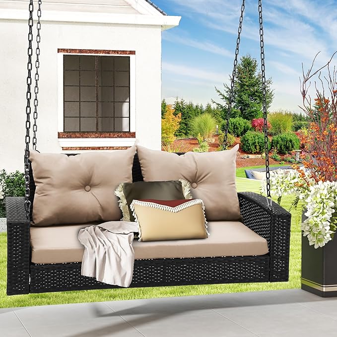 DWVO Wicker Hanging Porch Swing Chair Outdoor Brown Rattan Patio Swing Lounge by DWVO