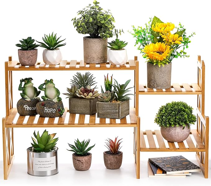 Lawei 2 Tier Bamboo Tabletop Plant Stand, Adjustable Flower Pot Holder Shelf - Image 3