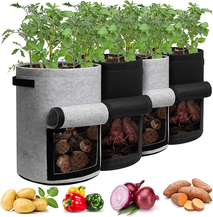 Potato Grow Bags with Flap 10 Gallon, 4 Pack Planter Pot with Handles and by Homyhoo
