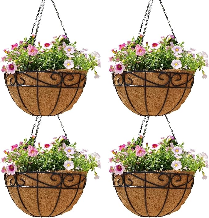 4 Pack 10 Inch Hanging Baskets for Plants Outdoor Metal Hanging Planter Hanging by Qusuxi