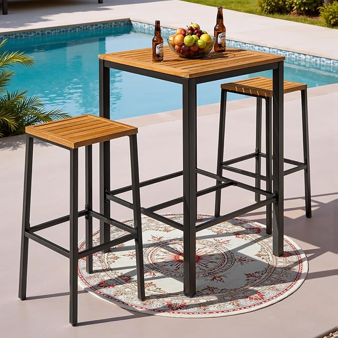 Devoko Acacia Wood Outdoor Patio Bar Set - Image 7