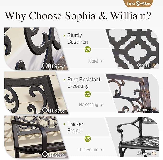 Sophia & William Outdoor Bench, Metal Garden Bench, Cast Iron Park Benches - Image 6