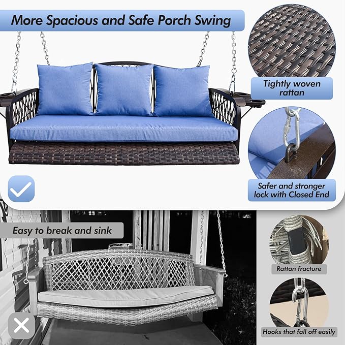Wicker Porch Swing Heavy Duty 900 LBS 3-Seat Outdoor Patio Swing Chair - Image 2