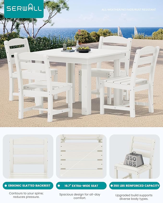 SERWALL Outdoor Dining Set for 4, HDPE Square Table and Chairs Set All Weather - Image 4
