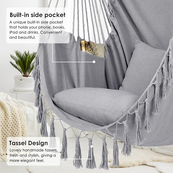 Y- STOP Hammock Chair Hanging Rope Swing, Max 500 Lbs, 2 Cushions Included - Image 3