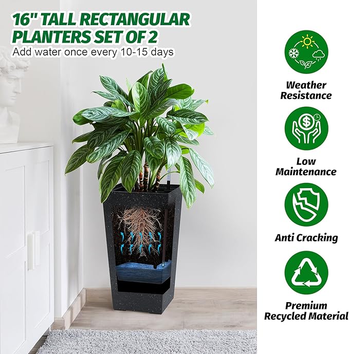 Garvee 16" Tall Planters Set of 2, Outdoor＆Indoor Black Planter Pots, High - Image 2