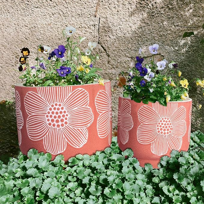 YBX 8 Inch + 6 Inch White Flower Pattern Plant Pots, Sand Glazed Ceramic Planter - Image 6