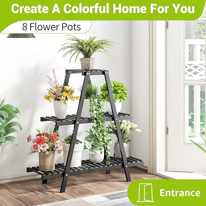 BMOSU Plant Stand Bamboo for Indoor Outdoor Tiered Plant Shelf 8 Potted Flower - Image 2