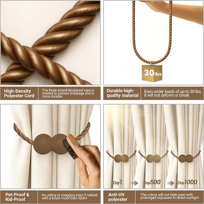 Hion Magnetic Curtain Tiebacks Dark Brown 2pcs, Curtain Tiebacks Buckles - Image 3