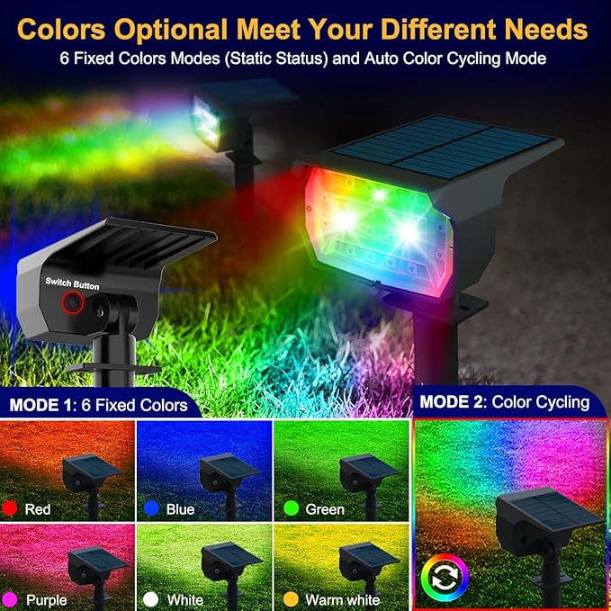 nipify 2 Pack Solar Spot Lights Outdoor Color Changing, 7 Modes Halloween RGB - Image 2