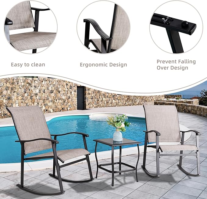 Vongrasig 3 Piece Outdoor Rocking Bistro Set, Textilene Fabric Small Patio - Image 3