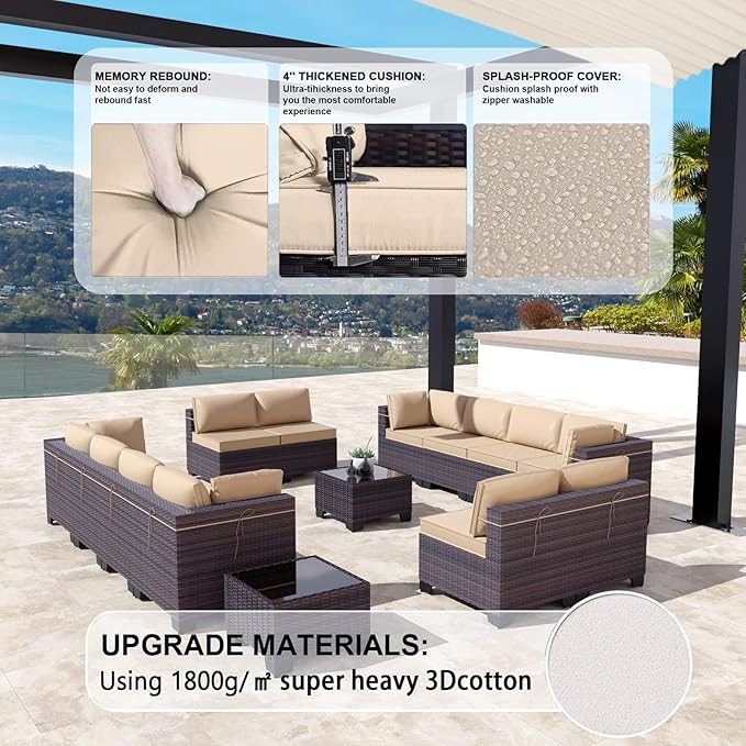 Kullavik 14 Pieces Outdoor Patio Furniture Set PE Wicker Rattan Sectional Sofa - Image 3