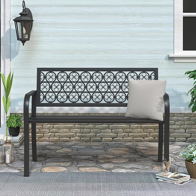 50" Outdoor Bench, Metal Weatherproof Garden Bench Cast Iron Heavy-Duty Patio - Image 2