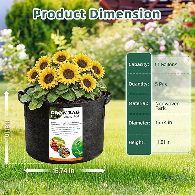 5 Pack 10 Gallon Thickened Grow Bags, Aeration Nonwoven Fabric Planting Bags - Image 2
