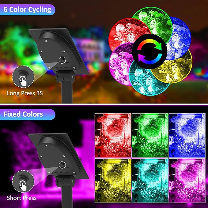 T-SUNUS Color Changing Solar Landscape Spotlights 4 Pack, IP65 Waterproof RGB - Image 2