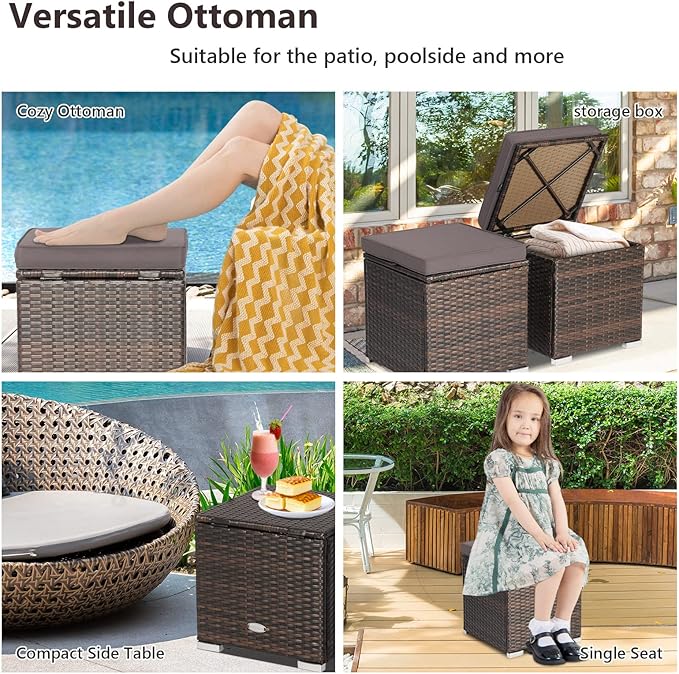 Tangkula 2 Pieces Patio Ottomans, Patiojoy Hand-Woven PE Rattan Side Table - Image 6