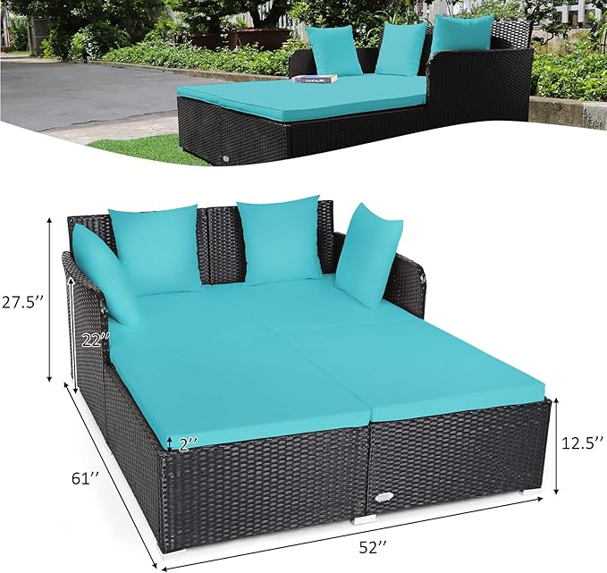 COSTWAY Outdoor Patio Rattan Daybed, Sponge Cushioned Loveseat Sofa - Image 3