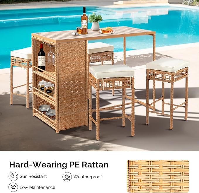 Outvita 5-Piece Outdoor Bar Set, Wicker Rattan Bar Height Patio Set w/4 Cushion - Image 6