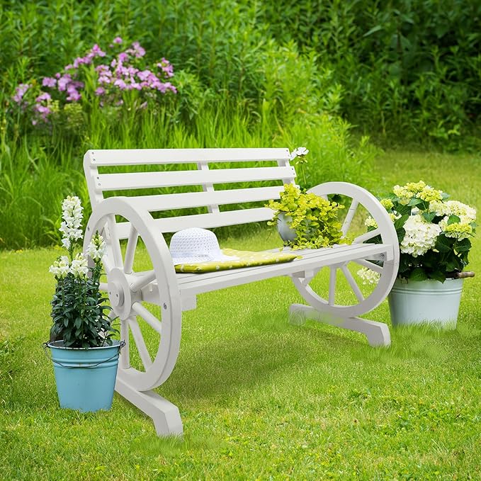 VINGLI Rustic Wooden Wheel Bench Outdoor Bench, Patio Bench Wagon Slatted Seat - Image 7